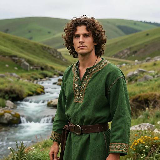Photograph of a handsome man with curly brown hair, wearing a green, embroidered tunic, standing by a flowing river in a lush, green hill