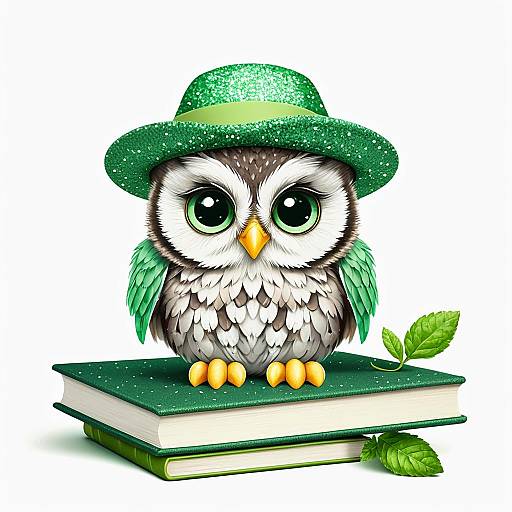 Baby Owl with Lime Hat on Books