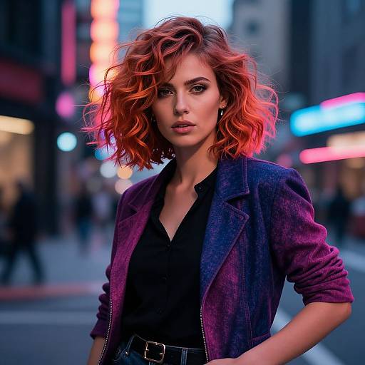 Photograph of a red-haired woman with wavy hair, wearing a purple jacket over a black top, standing in a neon-lit urban street.