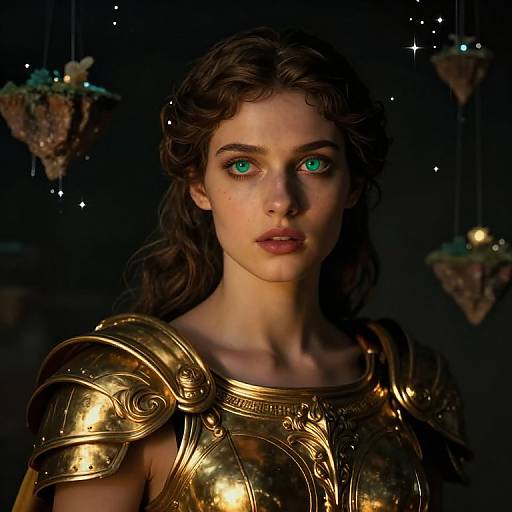Digital artwork of a young woman with glowing green eyes, wavy brown hair, and golden, ornate armor, set against a dark, starry