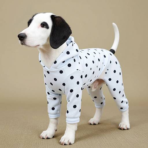 Photograph of a small, white Dalmatian puppy with black spots, wearing a polka-dotted onesie, standing on a beige fabric