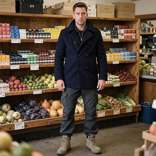 Photograph of a muscular, short-haired Caucasian man in a black coat and dark pants, standing in a well-stocked grocery store aisle with wooden shelves