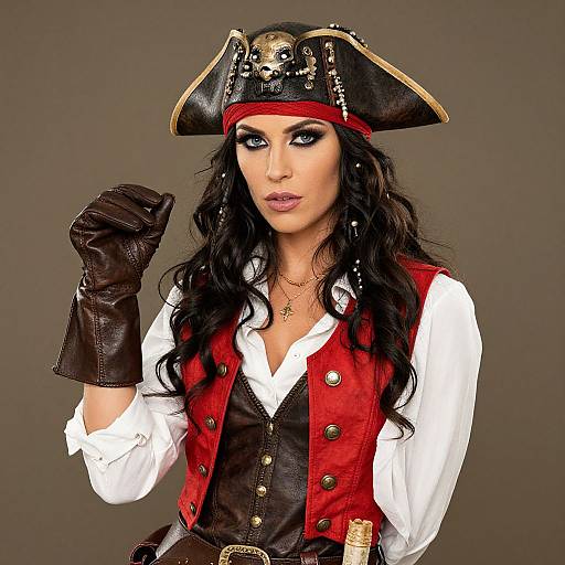 Photograph of a woman in a pirate costume with black wavy hair, red vest, white shirt, black gloves, and pirate hat.