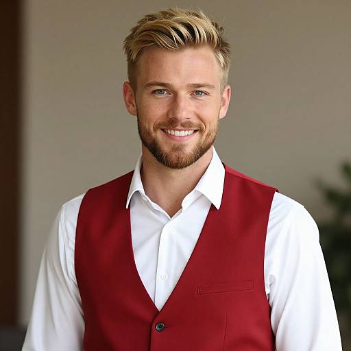 Photograph of a smiling, bearded man with blonde hair, wearing a white shirt and red vest, standing against a blurred indoor background.
