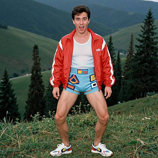 Photograph of a shocked, muscular man in a red jacket, white tank top, blue shorts with logos, white sneakers, standing on a grassy