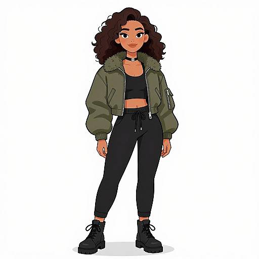 Digital illustration of a curly-haired woman with tan skin, wearing a green bomber jacket, black crop top, high-waisted black pants, and black