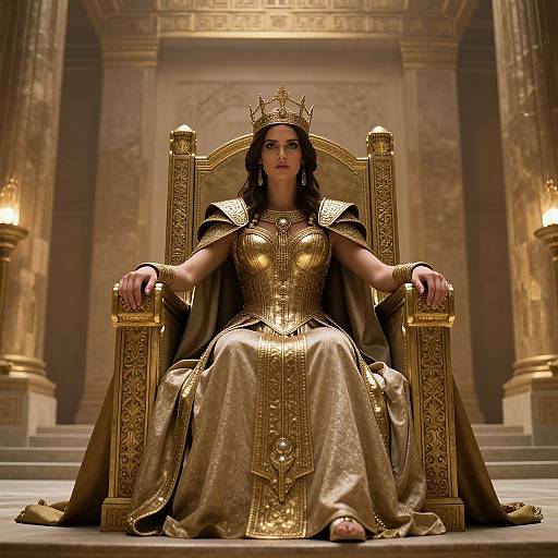 Photorealistic CGI of a regal woman with dark hair, wearing a golden crown, ornate gold dress, and throne, seated in a grand