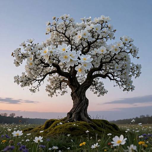 Photograph of a blooming white-flowered tree with yellow centers, standing in a grassy meadow at sunset, surrounded by wildflowers.
