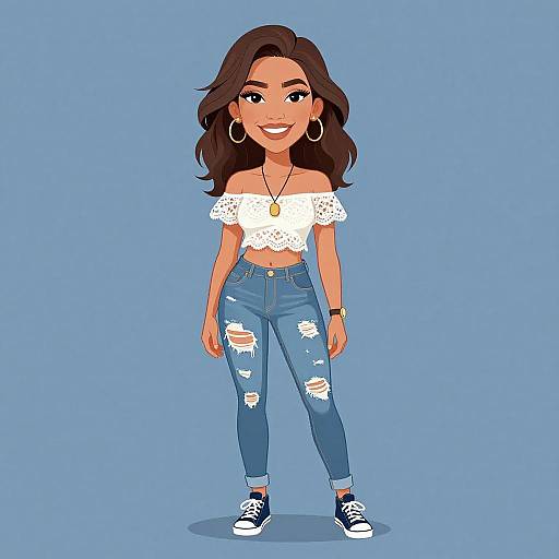 Digital cartoon of a smiling woman with medium brown skin, wavy dark brown hair, wearing a white off-shoulder top, ripped blue jeans,