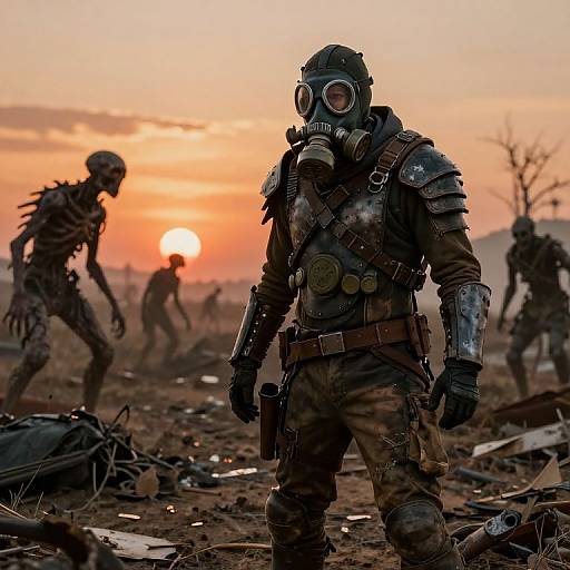 Photograph of a post-apocalyptic scene at sunset, featuring a soldier in a gas mask, armor, and gear, standing amidst skeletal zombies in a