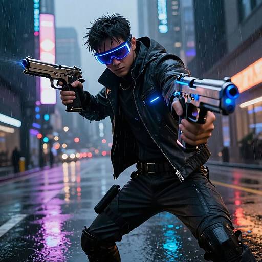 CGI image of a dark-haired man in a black jacket and blue visor, wielding dual guns, in a neon-lit, rain-soaked