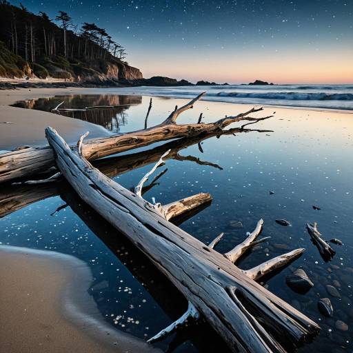Driftwood on Calm Rocky Coastline at Dawn