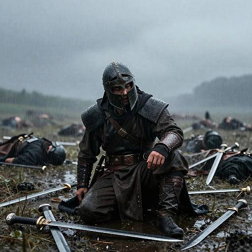 Weary Warrior on Rainy Battlefield