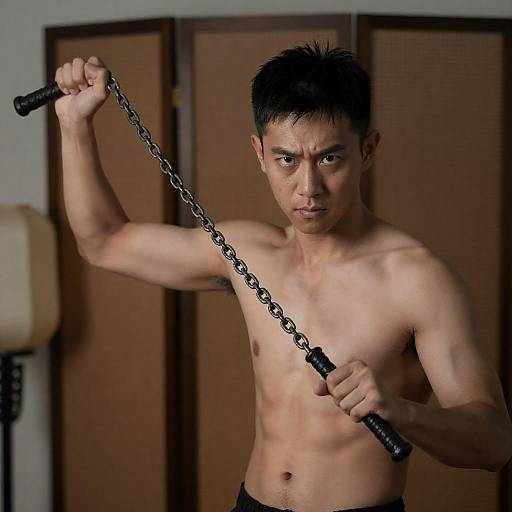 Intense Asian Man with Chain Whip