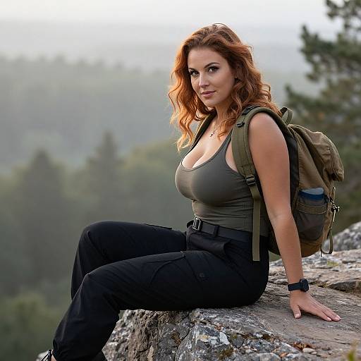 Photograph of a curvy, fair-skinned woman with wavy red hair, wearing a green tank top, black pants, and backpack, sitting