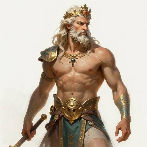 Digital painting of a muscular, white-haired, bearded king wearing a gold crown, ornate armor, and blue draped skirt, holding a sword.