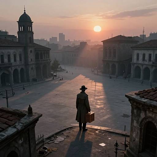 Surreal Twilight Cityscape with Lone Wanderer
