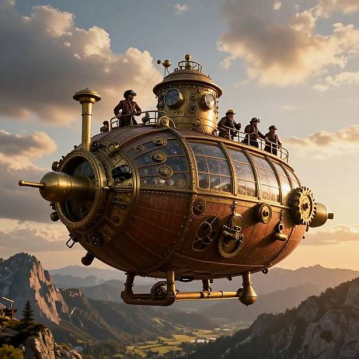 Steampunk airship with brass and wood detailing, flying over a mountainous valley at sunset, crew members on deck. CGI art.
