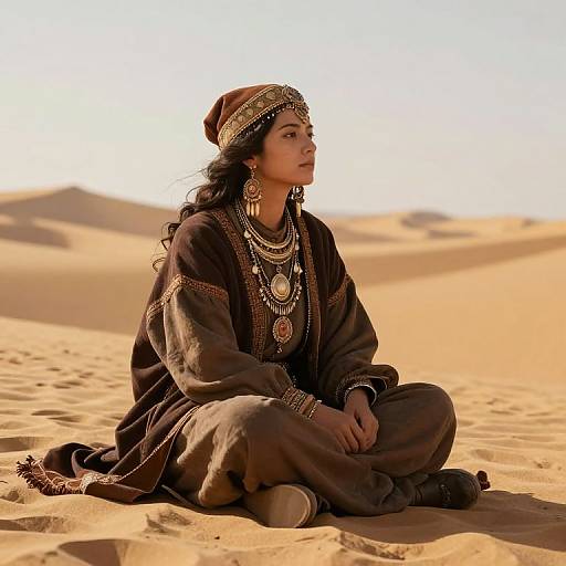 Photograph of a young woman with dark hair, wearing traditional desert attire, seated in a sunlit, golden sand dune landscape, adorned with elaborate