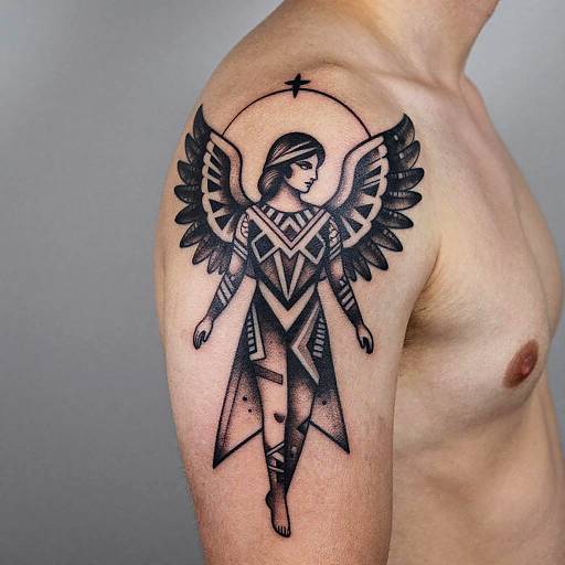 Photograph of a shirtless man with a black, geometric angel tattoo on his right shoulder, featuring large wings and a halo.