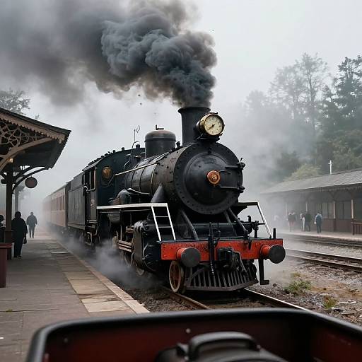 Photograph of a vintage black steam train with thick smoke, pulling into a misty, rural station, viewed from a car's dashboard.