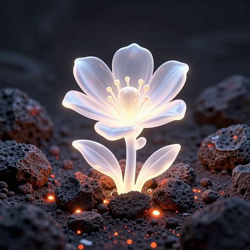 Glowing, ethereal white flower emerging from dark, rocky terrain with small, bright red embers surrounding its base, creating a striking contrast.