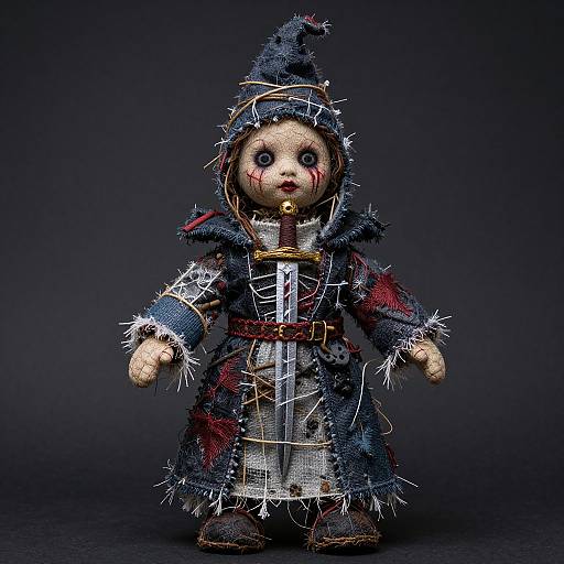 Photograph of a creepy, dilapidated porcelain doll with dark eyes, blood-red streaks, tattered black cloak, and spiked hood, standing