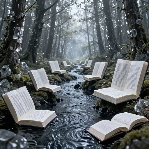 Crystalline Books Growing from Ink River