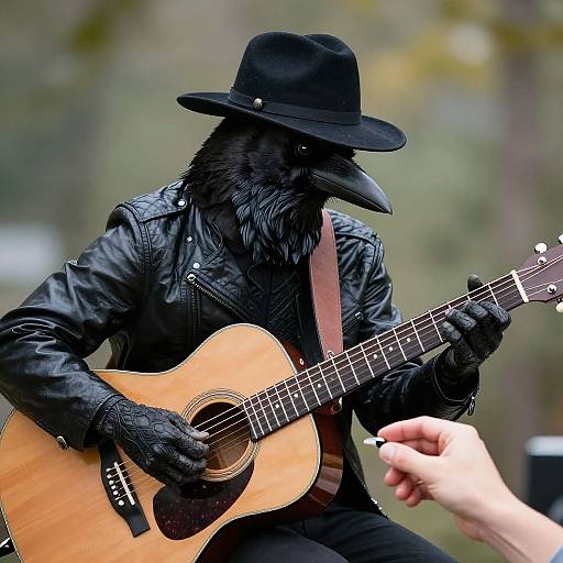 Photograph of a black crow in a black leather jacket and hat, playing an acoustic guitar, with a human hand visible.