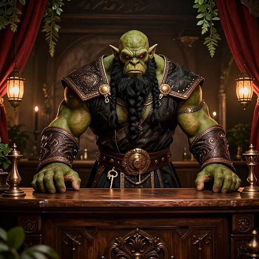 Photorealistic CGI of a muscular, green-skinned orc with a black beard, wearing ornate armor, leaning on a wooden throne in a dim