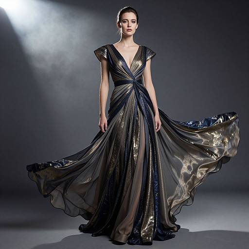 Photograph of a fair-skinned woman with dark hair in an elegant, deep V-neck, black sequin gown with flowing, sheer skirt, illuminated