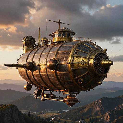 Steampunk Airship Over Mountainous Terrain
