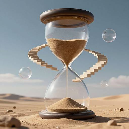 Photograph of a glass hourglass with sand, set in a sunny desert with floating bubbles and a pixelated heart design.