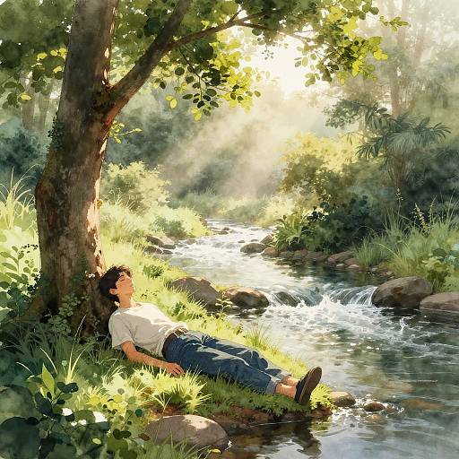 Digital painting of a young man with black hair, white shirt, and blue jeans, relaxing against a tree by a sunlit, flowing creek in a