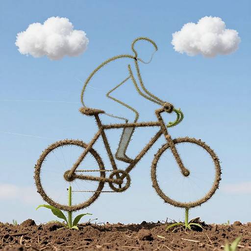 Digital illustration of a wireframe cyclist made from twigs, riding on dirt with small plants, against a bright blue sky with white clouds.