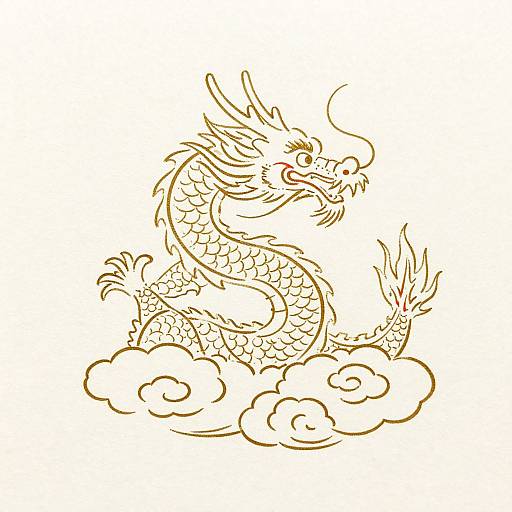 Golden line drawing of a mythical Chinese dragon with scales, horns, and whiskers, sitting on fluffy clouds, looking upward.