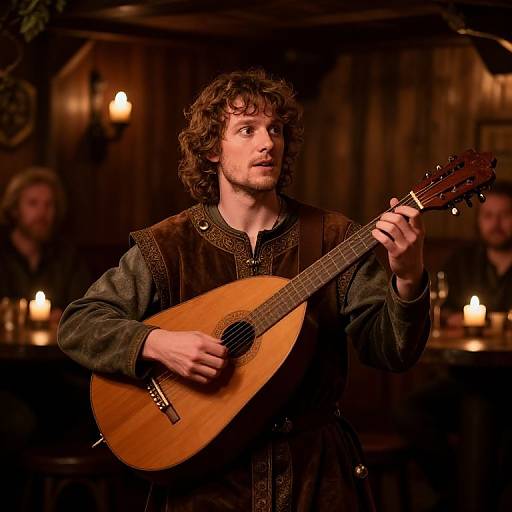 Photograph of a curly-haired man in medieval attire playing a wooden lute, surrounded by warm candlelight in a rustic wooden room.