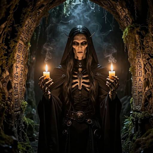 Photograph-like digital artwork of a dark-robed, skeletal-faced witch with long black hair, holding two lit candles, standing in a mossy,