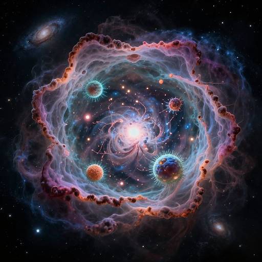 Photograph-like CGI of a vibrant, swirling galaxy with a bright white core, surrounded by colorful, glowing gas clouds, and three prominent, lumines