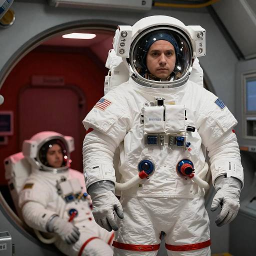 Two Astronauts in Red-Lit Cabin
