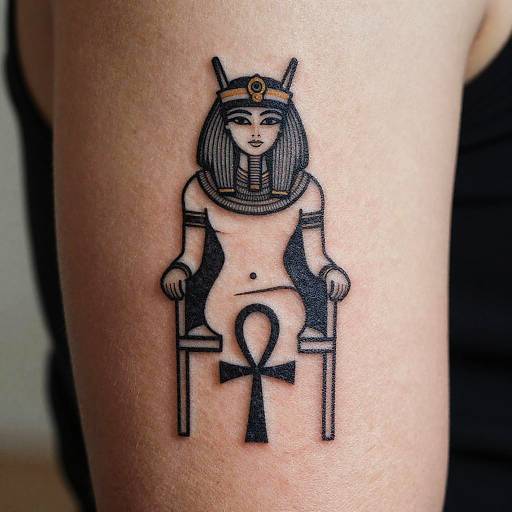 Black tattoo of an Egyptian Anubis-like figure on pale skin, featuring a throne, ankh, and crown, with bold, minimalist lines.