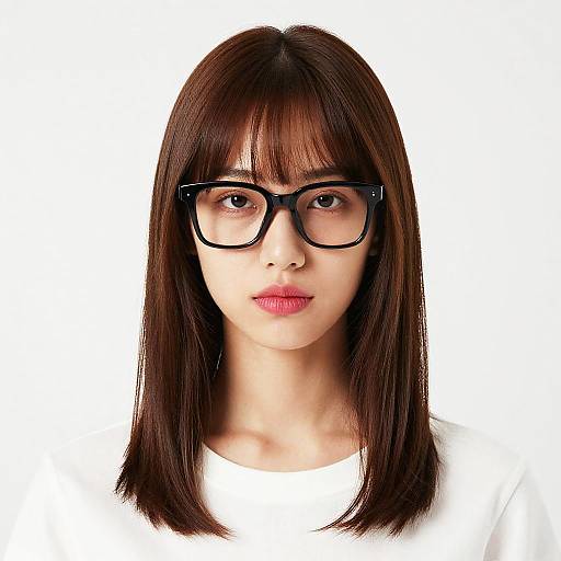 Photograph of an East Asian woman with straight brown hair, black-framed glasses, white shirt, and pink lipstick, against a plain white background.