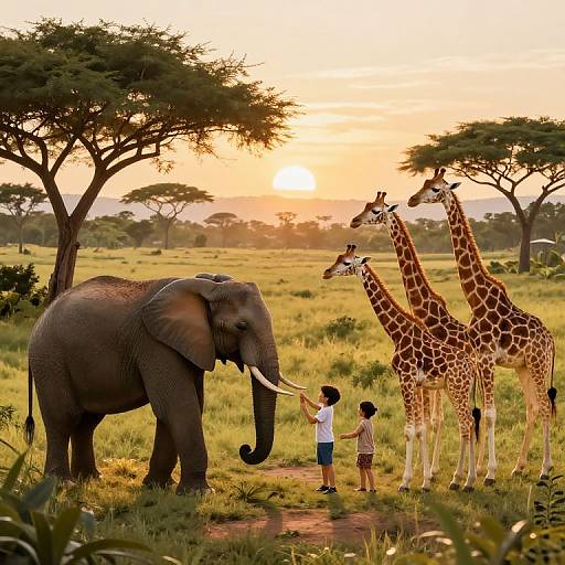 Photograph of a safari sunset: an elephant with large tusks, two giraffes, and two children standing on grassy savanna, with