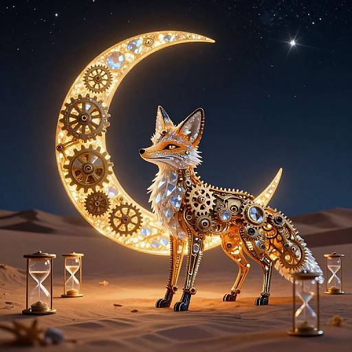 Photograph of a glowing, steampunk fox with gears and cogs, standing on desert sand before a radiant, gear-adorned crescent