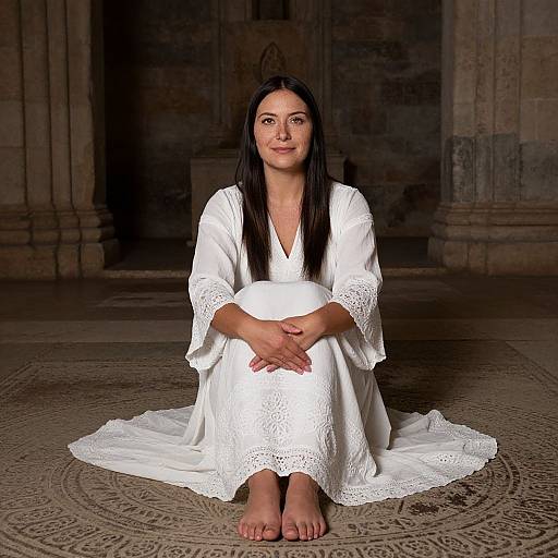 Photograph of a woman with long black hair, fair skin, and brown eyes, sitting barefoot on a stone floor in an ornate, dim