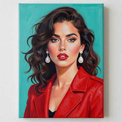 Digital portrait of a confident woman with wavy dark hair, red lips, and earrings, wearing a red leather jacket, against a teal background.