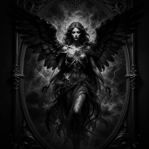 Digital artwork of a dark, ethereal angel with black wings, flowing hair, and a glowing, bare-chested chest, surrounded by stormy clouds