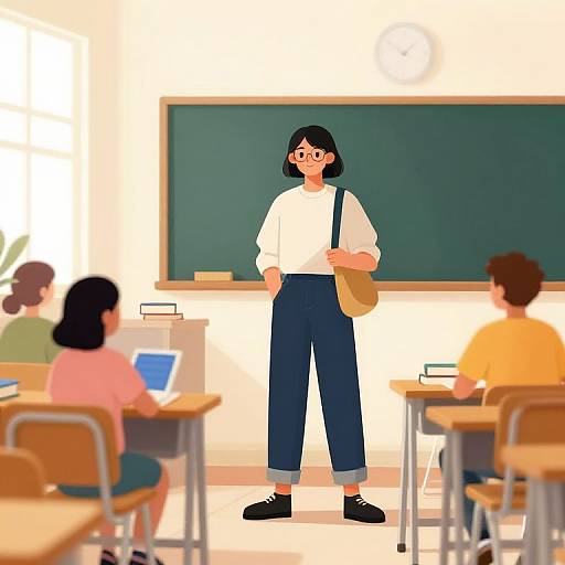 Digital illustration of a black-haired woman in a white shirt and blue pants, standing in a classroom, teaching three seated students with laptops and a green chalk