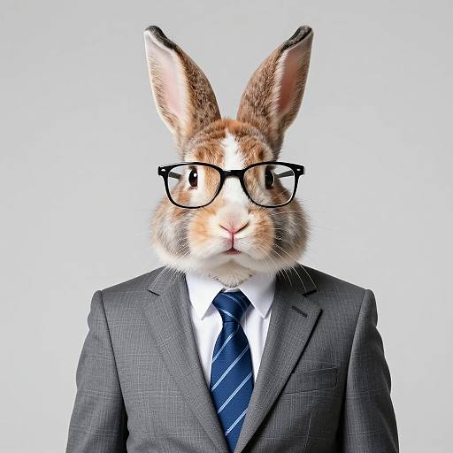 Photorealistic CGI of a brown and white rabbit in a gray suit, white shirt, and blue striped tie, wearing black glasses, against a plain