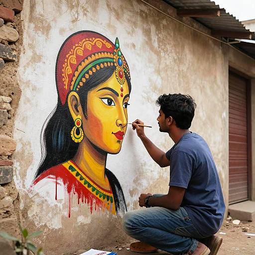 Photograph of an Indian artist in a blue shirt painting a vibrant, detailed mural of a woman with traditional jewelry on a weathered wall.